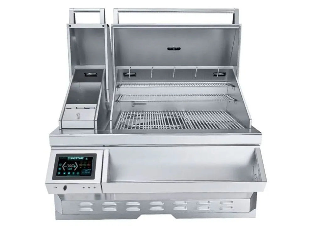 Sunstone SUNPLT40 pellet grill open with cold smoker chamber and multi-level cooking racks