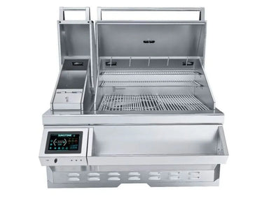Sunstone SUNPLT40 pellet grill open with cold smoker chamber and multi-level cooking racks