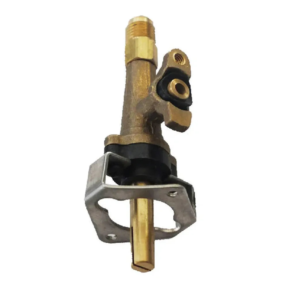 Close-up on Sunstone R-DBVALVE Ruby double burner valve replacement, brass gas control valve with mounting bracket and stem for side burner.
