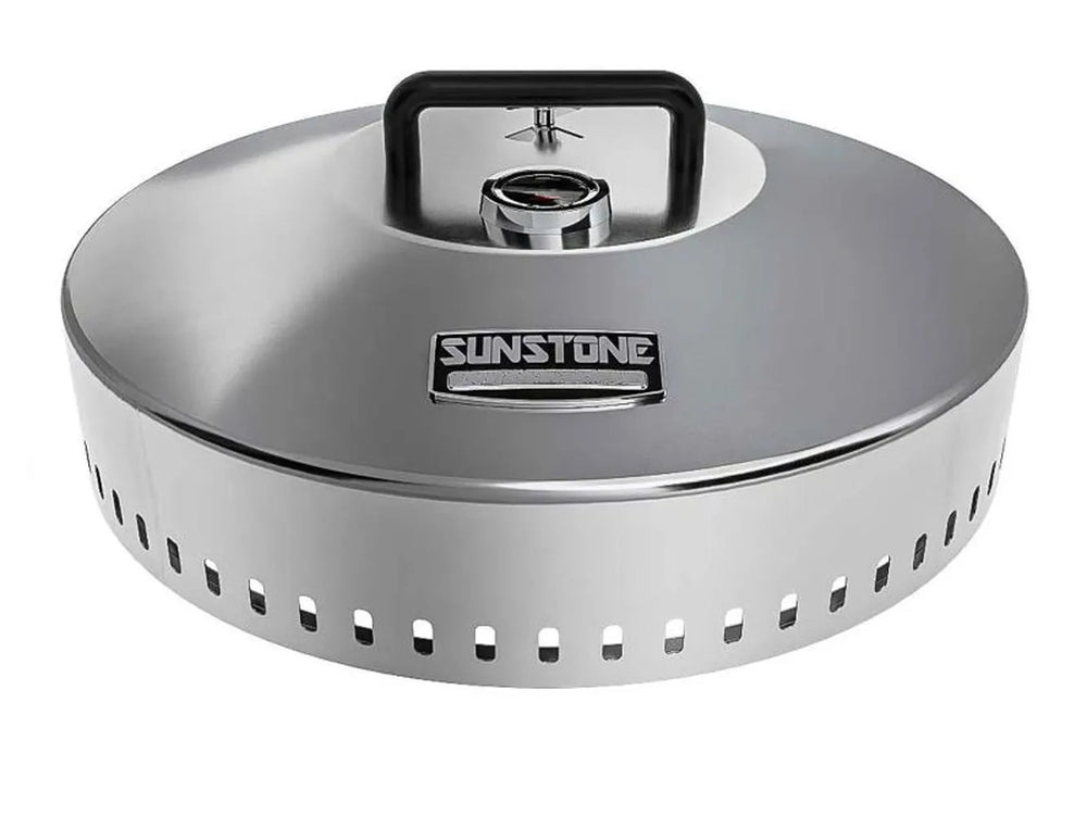 Sunstone 24" 304 stainless steel grill hood with black handle and built-in thermometer, front logo badge visible.