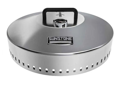 Sunstone 24" 304 stainless steel grill hood with black handle and built-in thermometer, front logo badge visible.