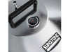 Close-up of Sunstone grill hood thermometer and handle on brushed 304 stainless steel lid with Sunstone logo.
