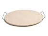Sunstone SUN15PSTONE 15-inch pizza stone with metal carrying rack handles, round baking stone shown on white background.