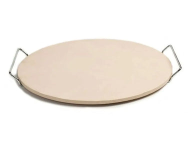 Sunstone SUN15PSTONE 15-inch pizza stone with metal carrying rack handles, round baking stone shown on white background.