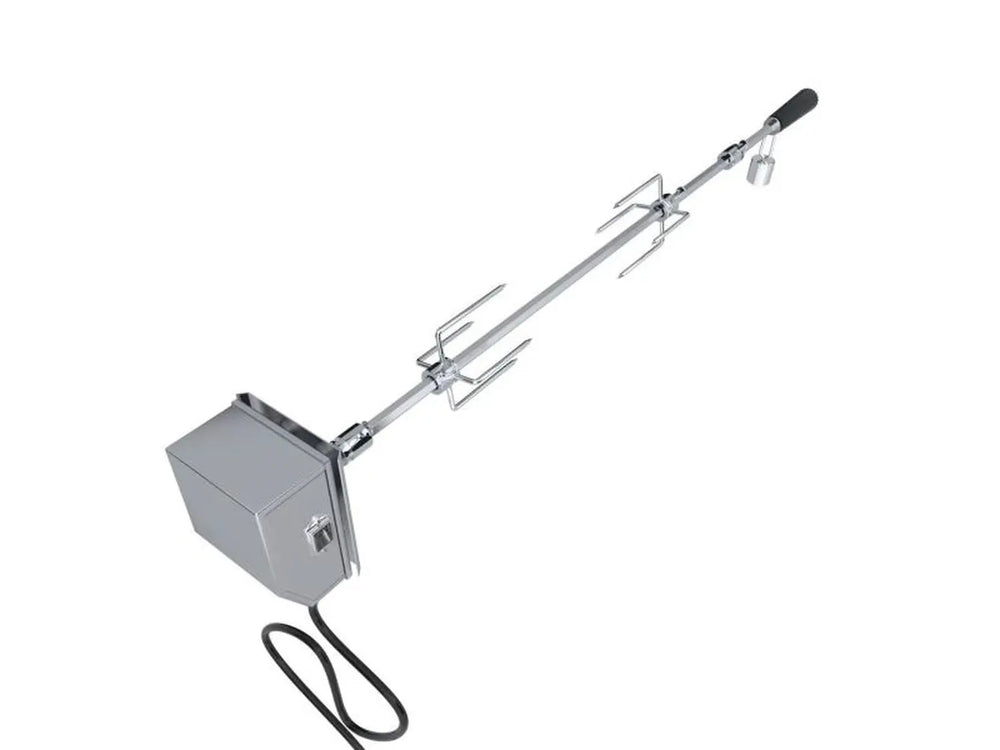 Sunstone P-RK-4B rotisserie kit for 4-burner grills, stainless spit rod with forks, motor housing, handle, and power cord on white background.