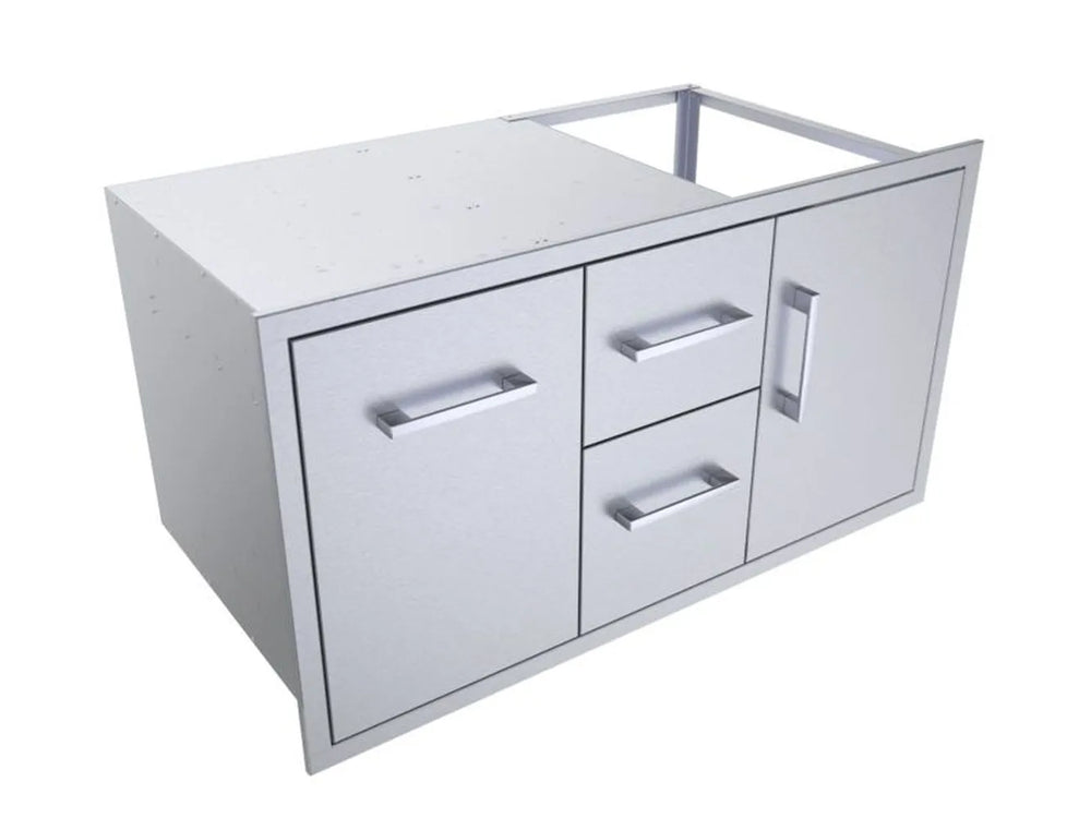 Angled view of Sunstone BA-DDC42 42-inch 304 stainless outdoor kitchen cabinet with trash drawer, drawers, and access door.
