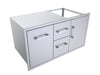 Angled view of Sunstone BA-DDC42 42-inch 304 stainless outdoor kitchen cabinet with trash drawer, drawers, and access door.