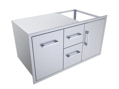 Angled view of Sunstone BA-DDC42 42-inch 304 stainless outdoor kitchen cabinet with trash drawer, drawers, and access door.