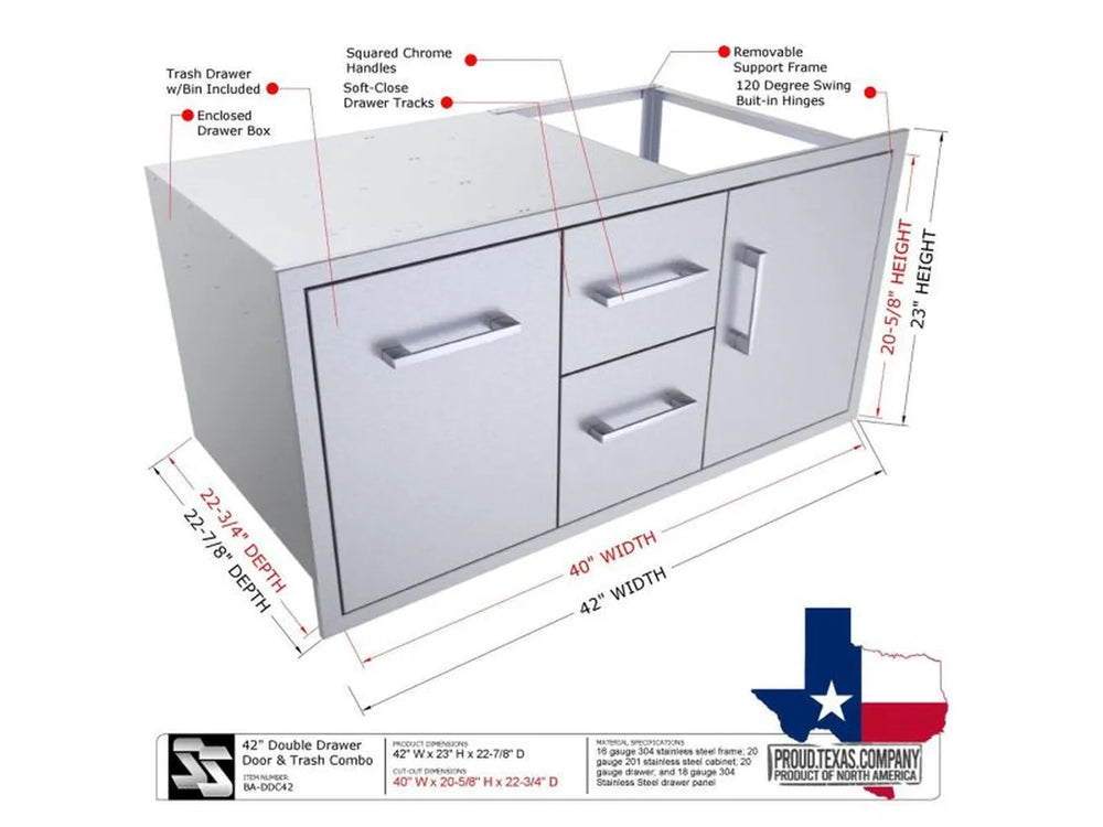 Sunstone BA-DDC42 cabinet diagram showing 42-inch width, depth and height, soft-close tracks, chrome handles, and 120° hinges.