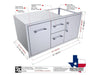 Sunstone BA-DDC42 cabinet diagram showing 42-inch width, depth and height, soft-close tracks, chrome handles, and 120° hinges.