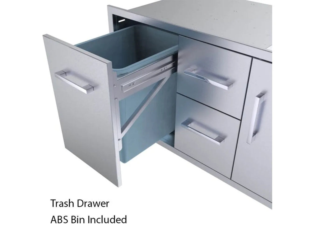 Sunstone BA-DDC42 stainless steel trash drawer pulled out showing included ABS trash bin next to storage drawers and access door.
