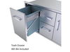Sunstone BA-DDC42 stainless steel trash drawer pulled out showing included ABS trash bin next to storage drawers and access door.