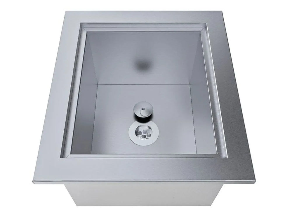 Sunstone TEX-15IC 15" insulated ice chest open, showing stainless interior basin and drain for outdoor kitchen drink chilling.