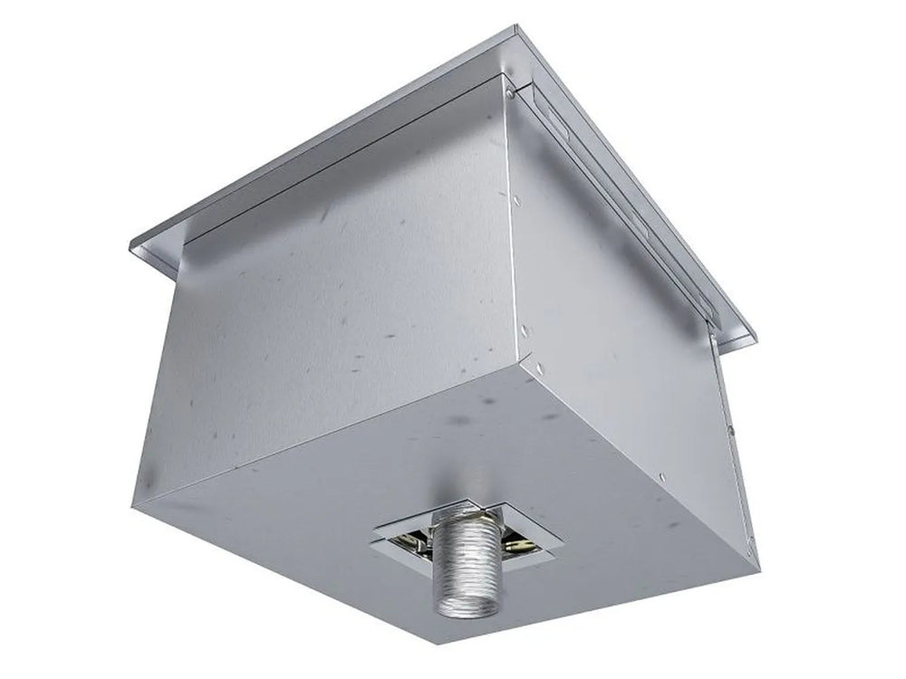 Underside view of Sunstone TEX-15IC insulated ice chest showing threaded drain connection for outdoor kitchen installation.