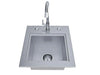 Top view of Sunstone TEX-15SK 304 stainless outdoor bar sink with gooseneck faucet, deep basin, and drain assembly.