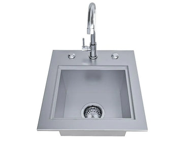 Top view of Sunstone TEX-15SK 304 stainless outdoor bar sink with gooseneck faucet, deep basin, and drain assembly.