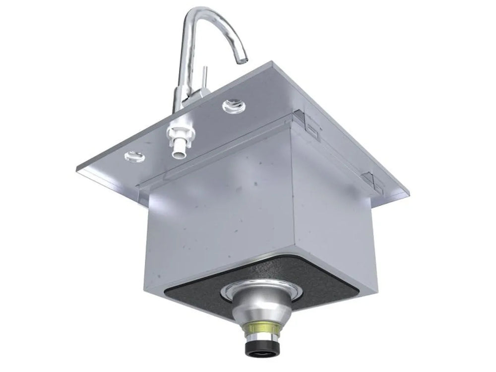 Underside view of Sunstone TEX-15SK outdoor bar sink showing faucet connections and drain hardware for easy installation.
