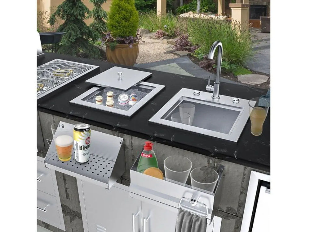 Sunstone TEX-15SK stainless bar sink with faucet installed beside insulated ice chest in outdoor kitchen counter for prep and cleanup.