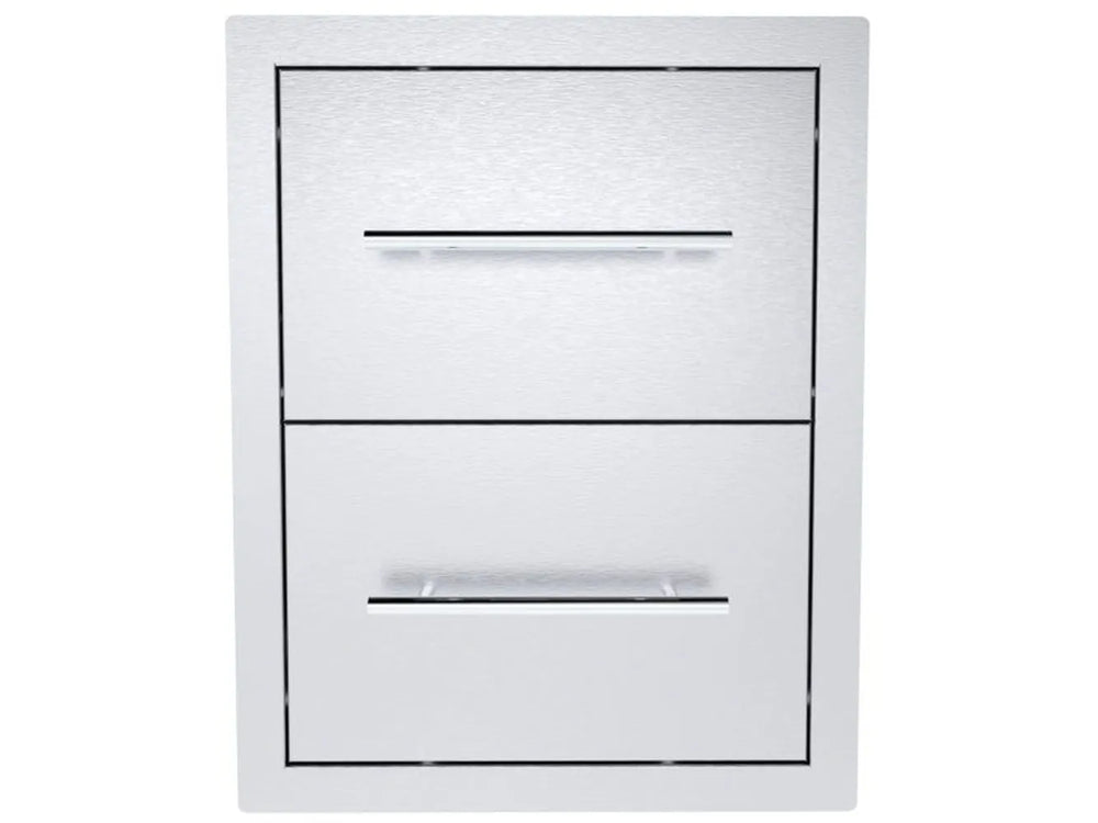 Sunstone TEX-16DD 16" double drawers in 304 stainless steel, flush-mount outdoor kitchen storage drawers with sleek horizontal handles.