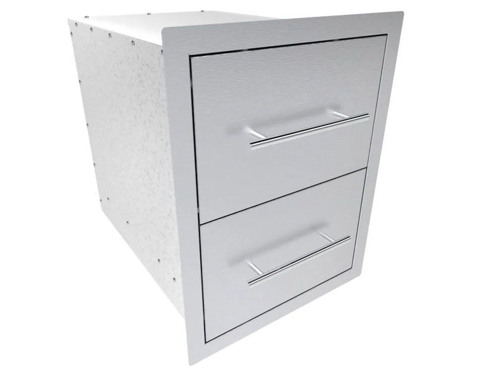 Angled view of Sunstone TEX-16DD 16-inch 304 stainless double drawer unit for outdoor BBQ island storage.