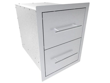 Angled view of Sunstone TEX-16DD 16-inch 304 stainless double drawer unit for outdoor BBQ island storage.