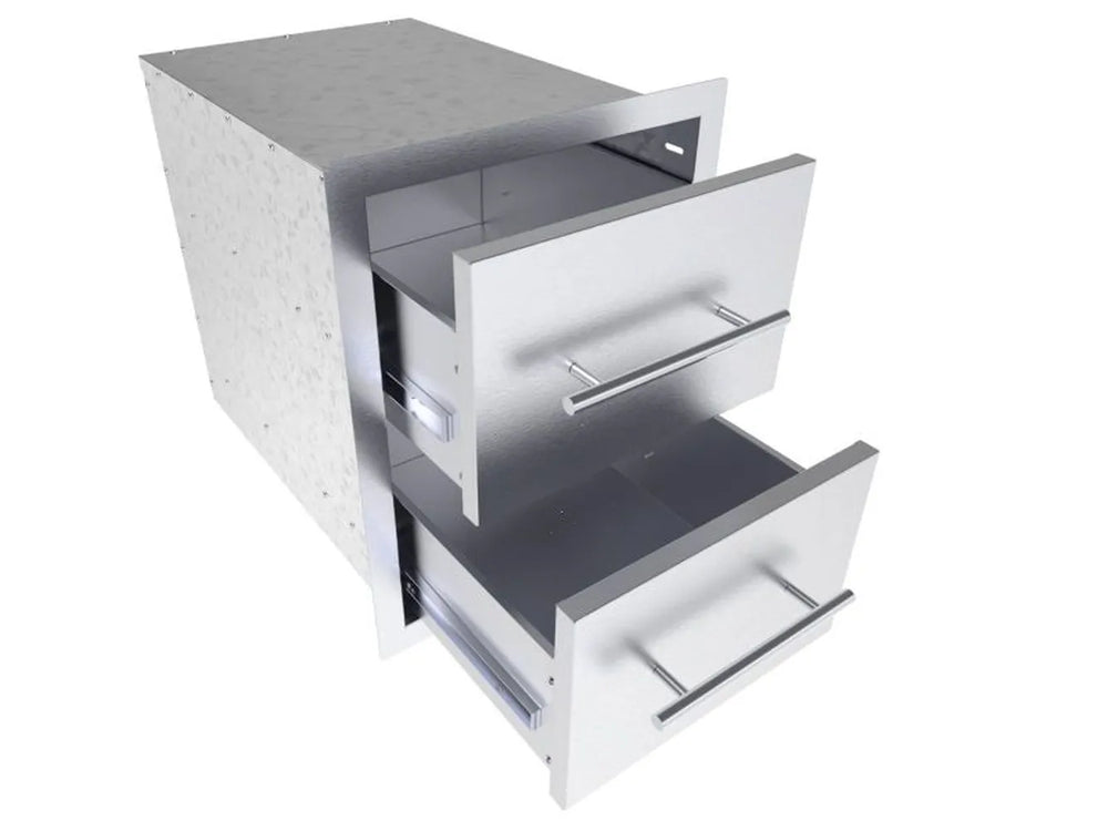Sunstone TEX-16DD 16" stainless double drawers partially open, showing deep storage bins and smooth-glide drawer slides.
