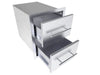 Sunstone TEX-16DD 16" stainless double drawers partially open, showing deep storage bins and smooth-glide drawer slides.