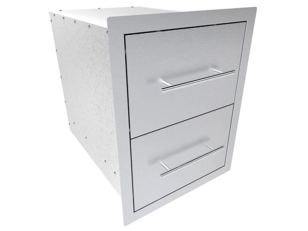 Sunstone paper towel holder drawer installed in outdoor kitchen island with sink and stainless storage doors under stone countertop.