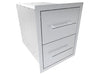 Sunstone paper towel holder drawer installed in outdoor kitchen island with sink and stainless storage doors under stone countertop.