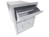 Angled view of Sunstone TEX-16PCD 16" stainless paper towel holder drawer combo for outdoor BBQ island storage.