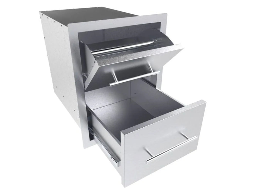 Sunstone TEX-16PCD paper towel drawer combo with top paper towel holder door open and lower storage drawer closed.