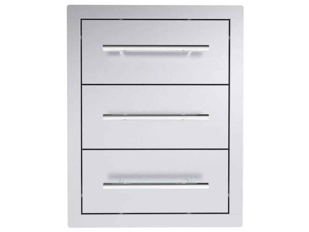 Sunstone TEX-16TD 16" triple drawers in 304 stainless steel, flush-mount outdoor kitchen storage drawers with sleek bar handles.
