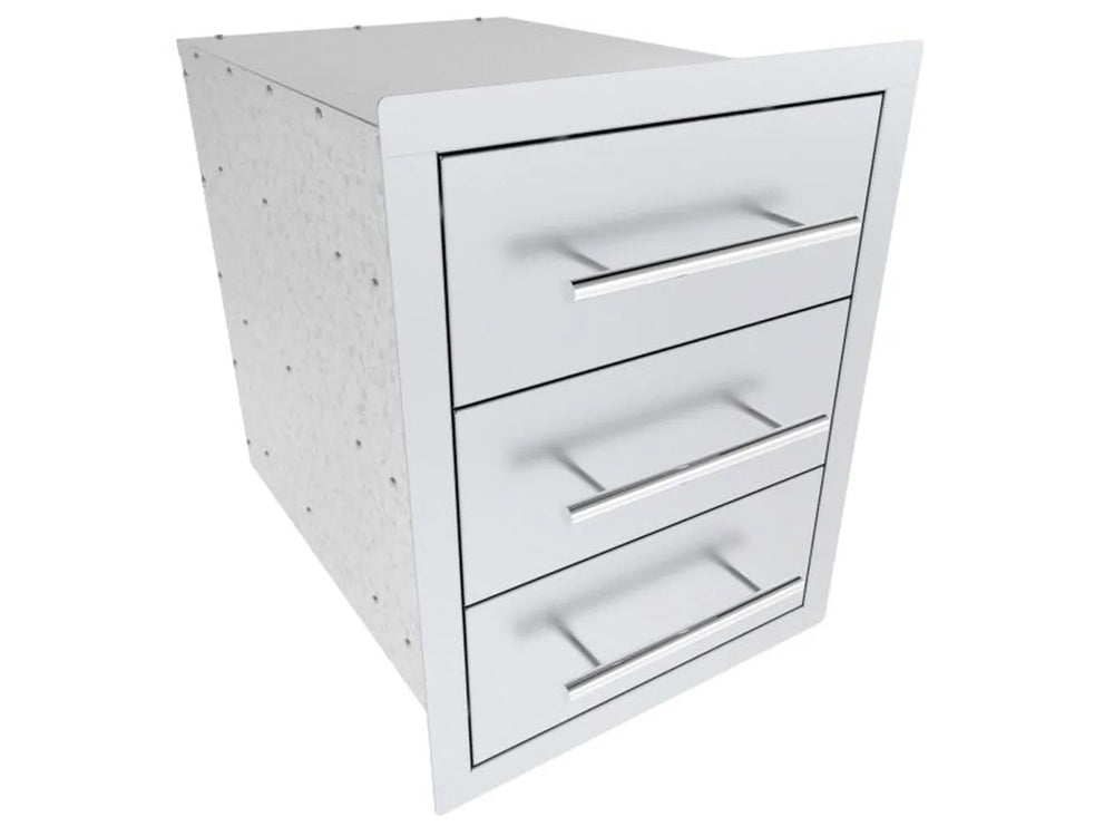 Angled view of Sunstone TEX-16TD 16-inch 304 stainless triple drawer unit for outdoor BBQ island storage.