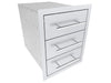 Angled view of Sunstone TEX-16TD 16-inch 304 stainless triple drawer unit for outdoor BBQ island storage.