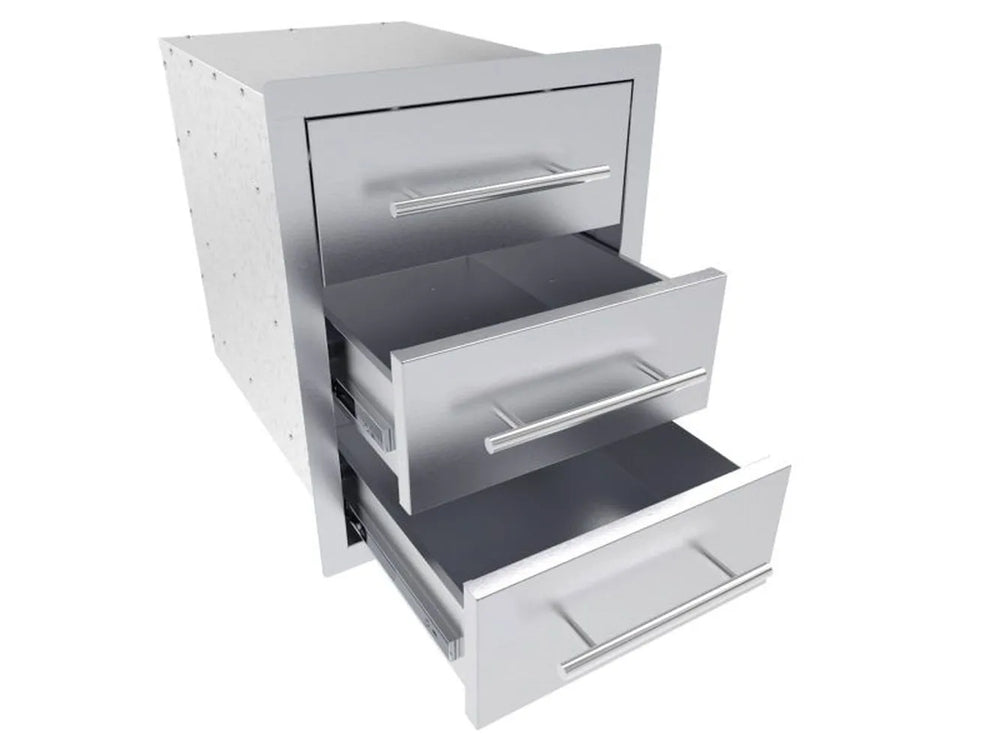 Sunstone TEX-16TD 16" triple drawers partially open, showing deep stainless storage bins and smooth-glide drawer slides.