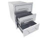 Sunstone TEX-16TD 16" triple drawers partially open, showing deep stainless storage bins and smooth-glide drawer slides.