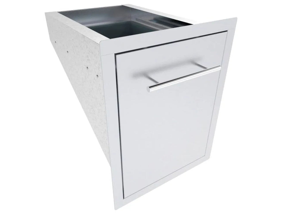 Angled view of Sunstone TEX-16TRD 16-inch 304 stainless trash drawer cabinet for outdoor BBQ island storage.