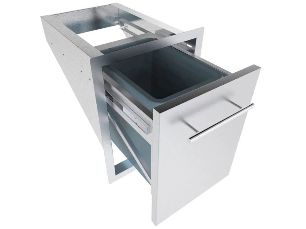 Sunstone TEX-16TRD 16" pull-out trash drawer open, showing ABS trash bin and smooth-glide slide hardware.