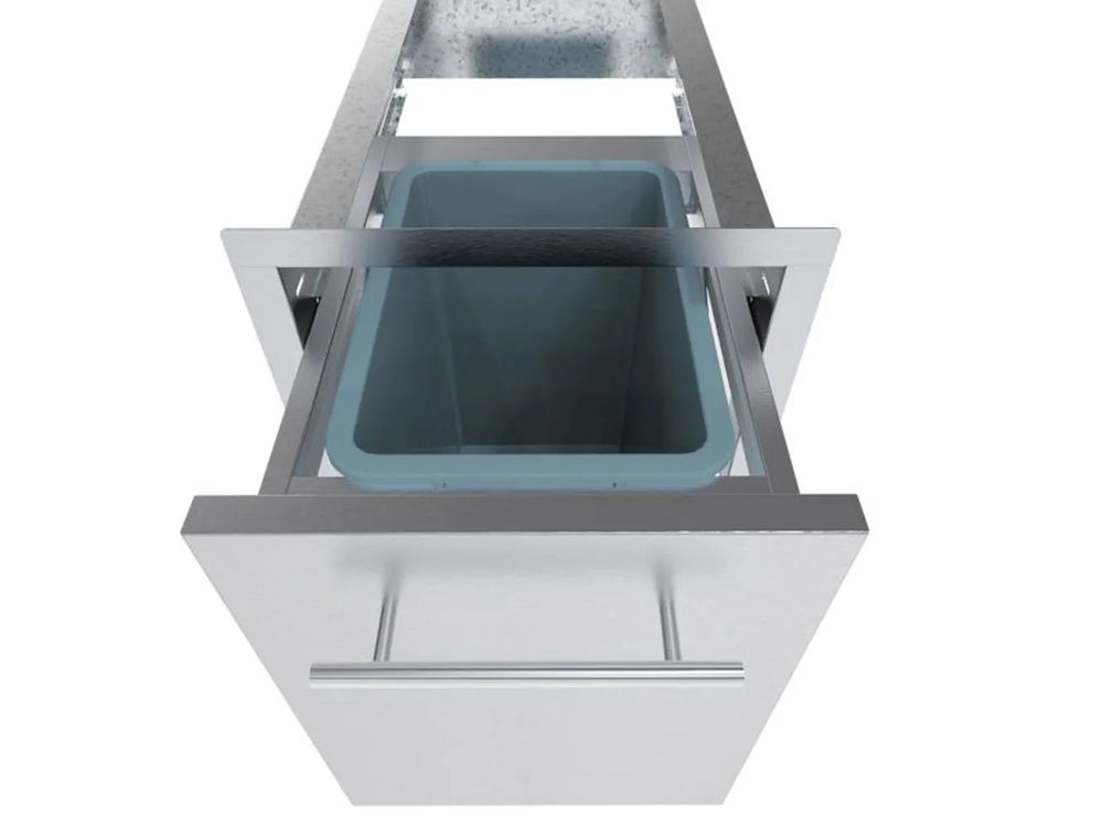 Top view of Sunstone 16" stainless trash drawer with removable ABS bin inside pull-out frame for outdoor kitchen cleanup.