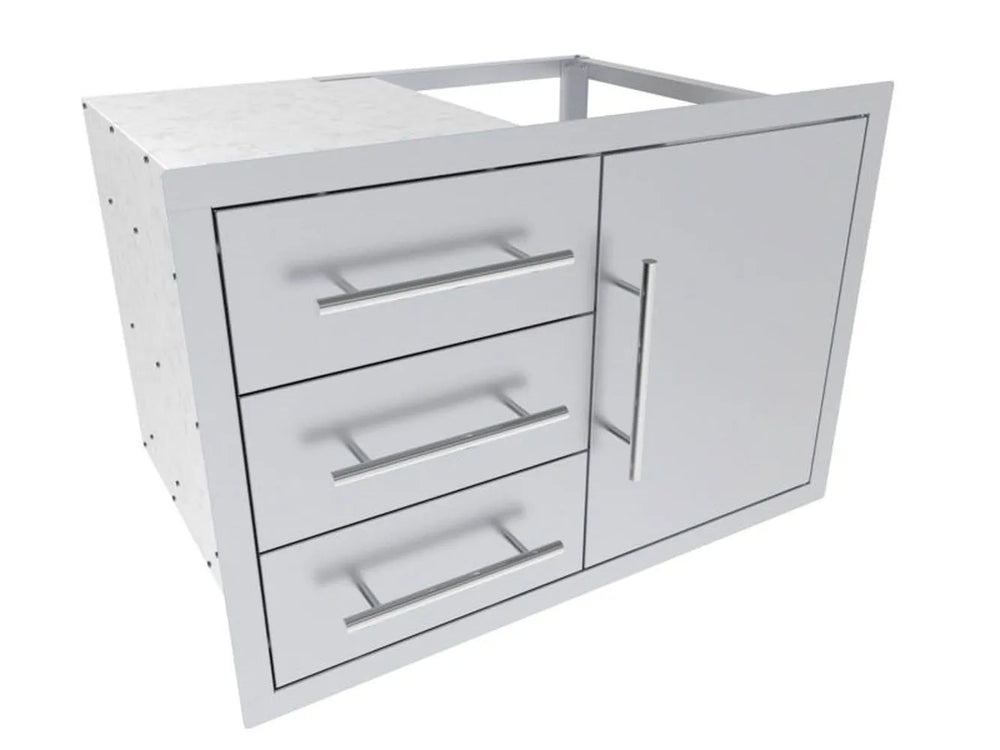Sunstone TEX-30TDDC 30" triple drawer & door combo in 304 stainless steel, outdoor kitchen storage unit with bar handles.