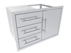 Sunstone TEX-30TDDC 30" triple drawer & door combo in 304 stainless steel, outdoor kitchen storage unit with bar handles.