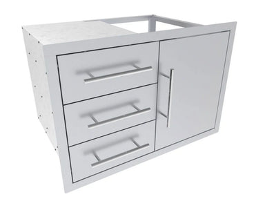 Sunstone TEX-30TDDC 30" triple drawer & door combo in 304 stainless steel, outdoor kitchen storage unit with bar handles.