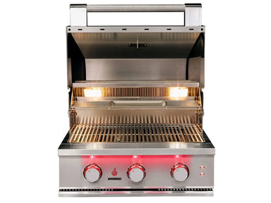 Interior view of True Flame gas grill with open hood, dual halogen lights, and full-width stainless steel grates.