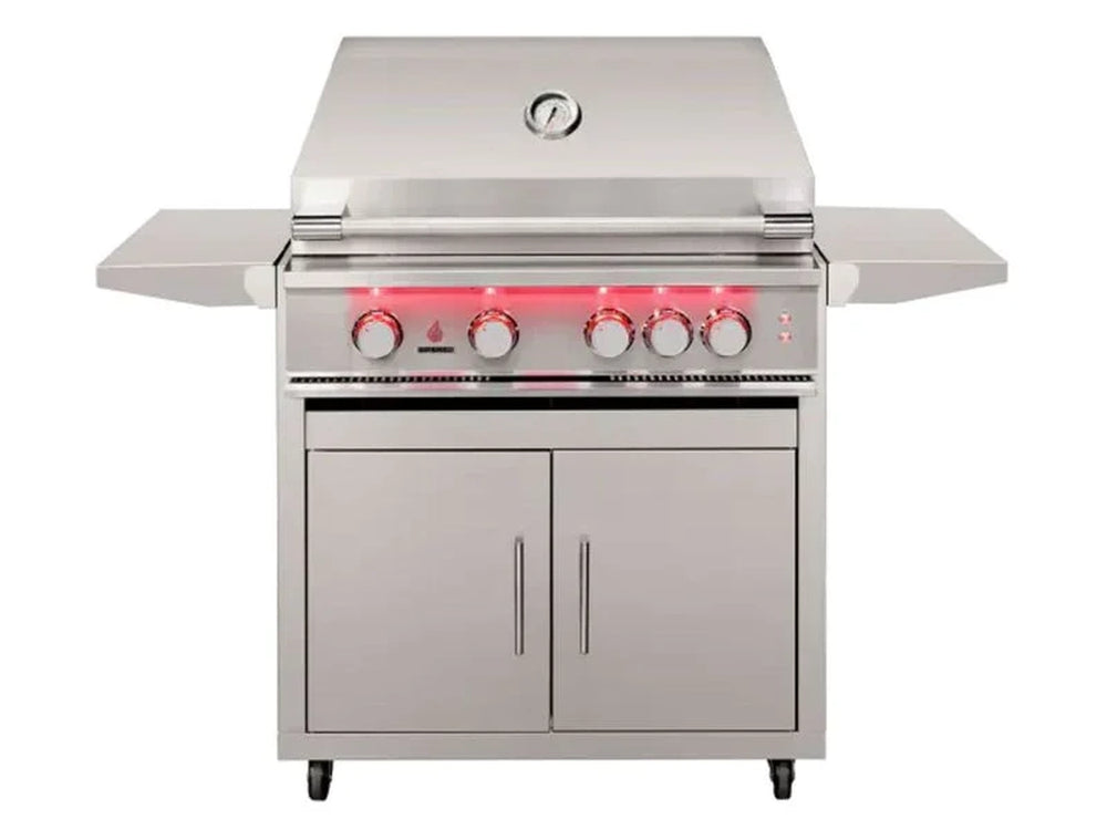 Front view of True Flame 4-burner freestanding gas grill with closed lid and illuminated red LED control knobs.
