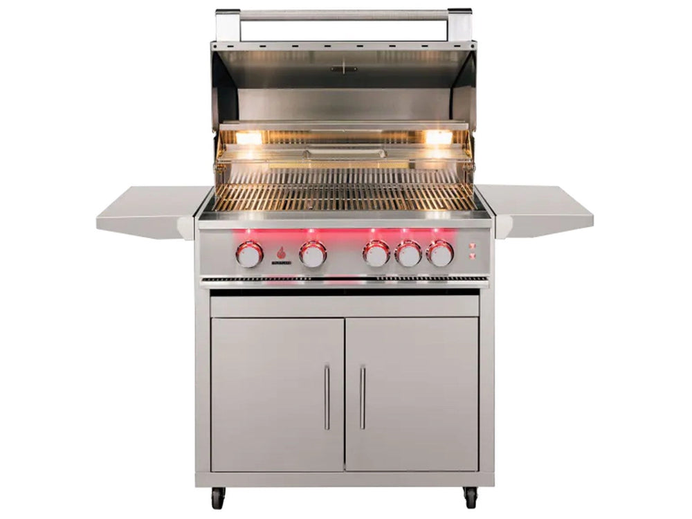 True Flame gas grill with hood open, warming lights on, red LED control knobs, and dual side shelves extended.