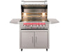 True Flame gas grill with hood open, warming lights on, red LED control knobs, and dual side shelves extended.