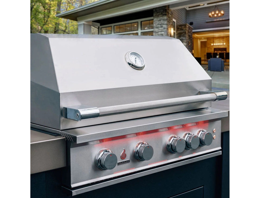 Side view of True Flame built-in grill with stainless steel lid closed, red LED-lit knobs glowing beneath control panel.