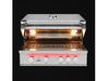 Overhead front view of True Flame grill with lid open, cooking grates illuminated by bright internal halogen lights.