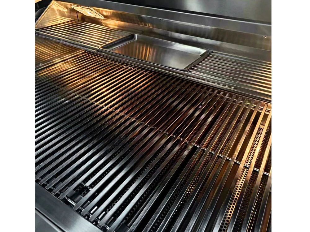 Full interior view of the grill showing wide cooking grates and removable stainless steel tray on the upper rack.
