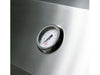 Close-up of built-in analog temperature gauge on the stainless steel lid of a True Flame gas grill.